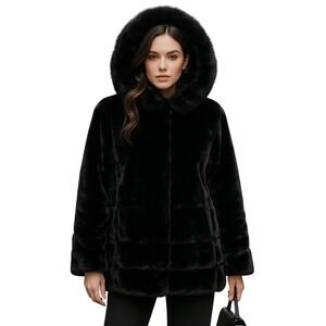 Gallery New York Black Faux Fur Hooded Coat Plush Soft Winter Jacket M